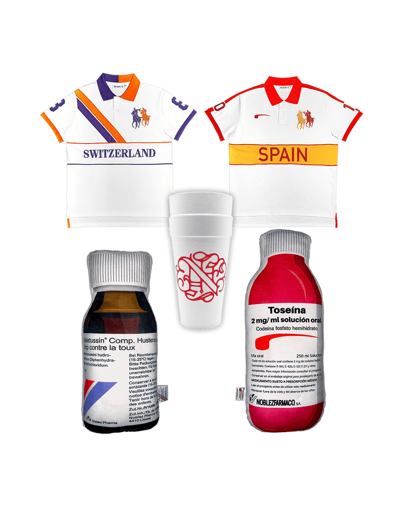Noblez Co. complete bundle Switzerland Spain polo shirts with Noblezfarmaco Toseina cough syrup Hustenstiller medicine and branded cup