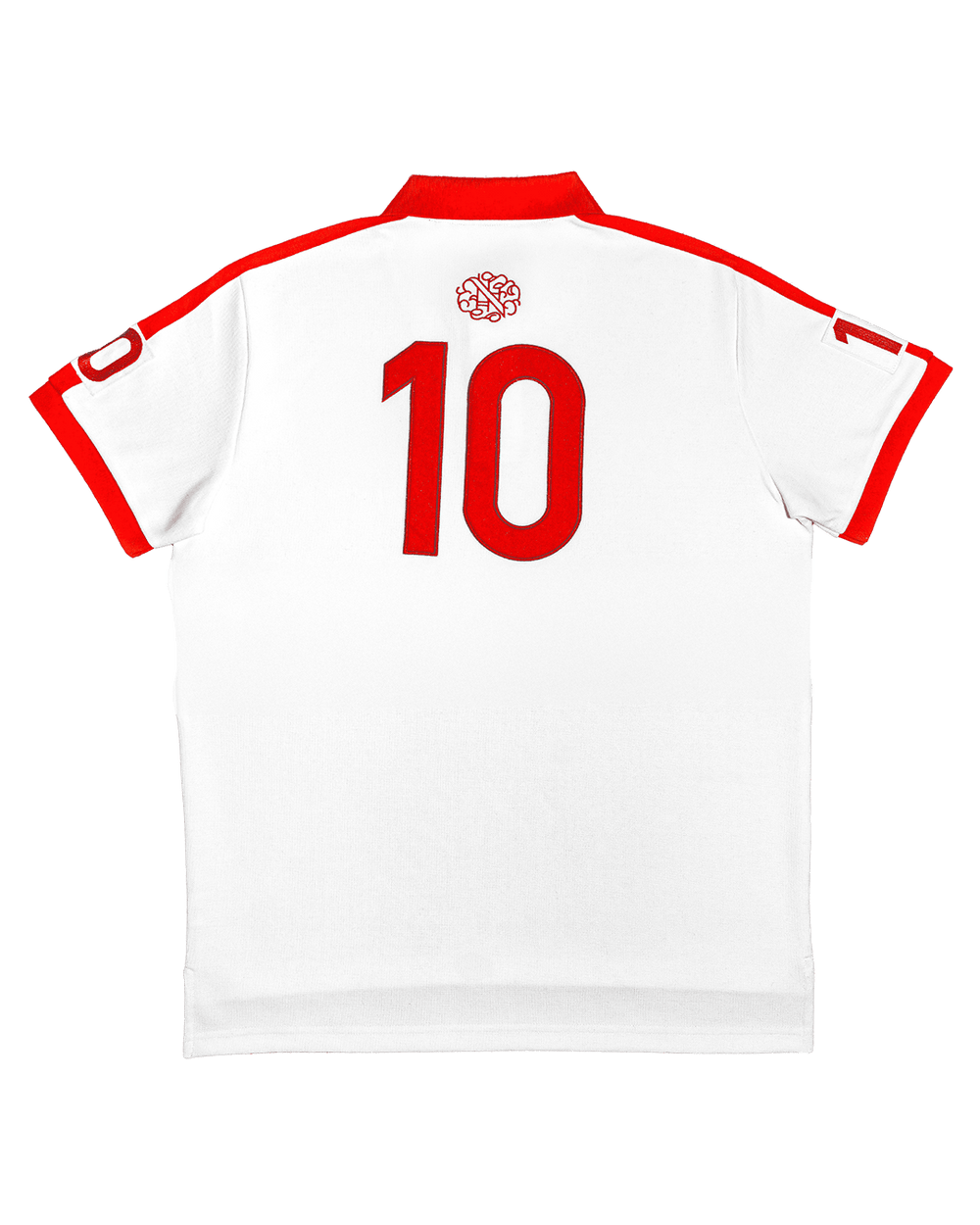 Noblez Co. Spain polo shirt back view white red shoulders number 10 red monogram logo flat lay product photography