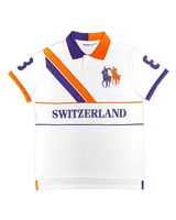 Noblez Co. Switzerland polo shirt white front flat lay purple orange diagonal stripes SWITZERLAND text horse logo product photography