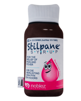 Stilpane Pillow front view - plush medicine bottle cushion with Stilpane Syrup label