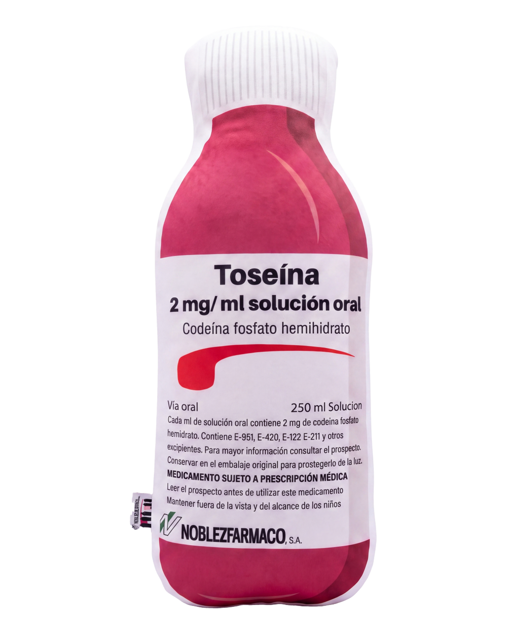Toseina Pillow front view - plush medicine bottle cushion with Spanish label, pink and white, NOBLEZFARMACO