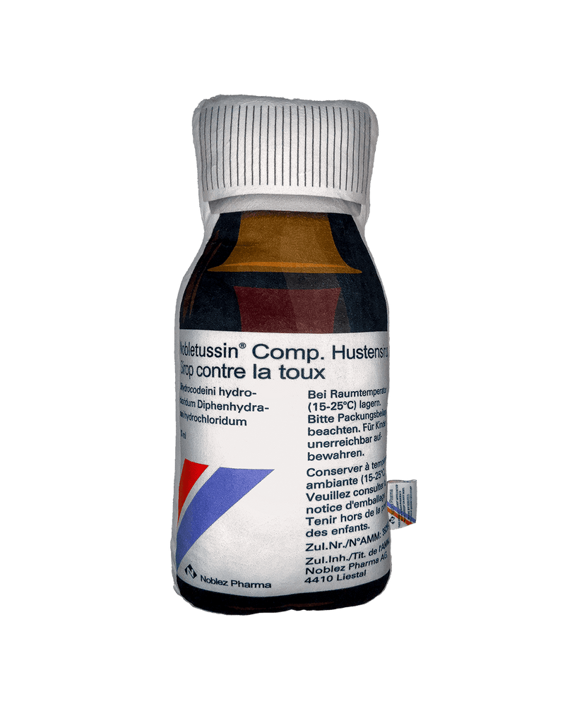 Noblez Pharma Hustussin Comp Hustenstiller cough suppressant syrup brown liquid white cap German pharmacy medication bottle