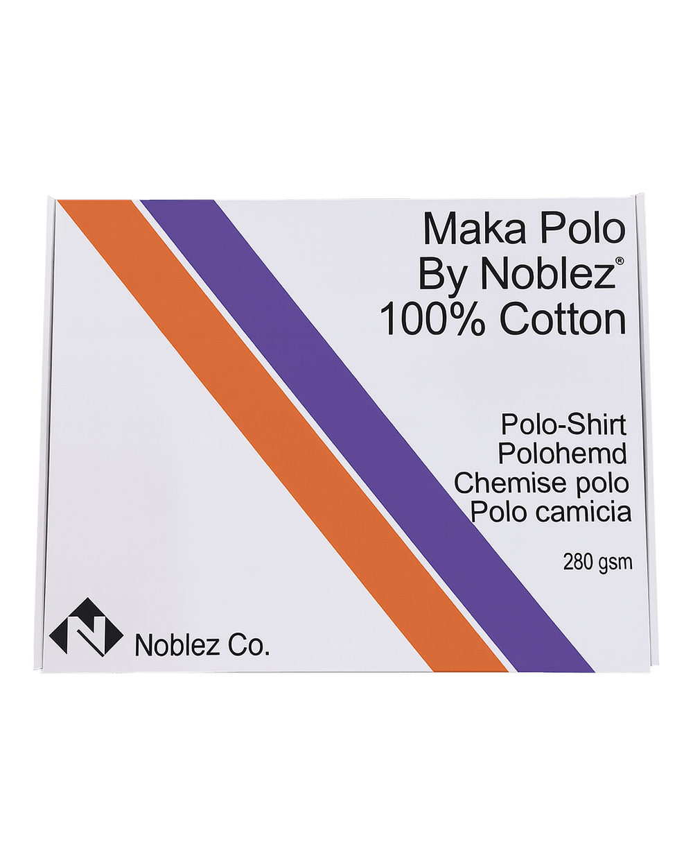 Noblez Co. Maka Polo box 100% cotton shirt packaging label with orange and purple stripes