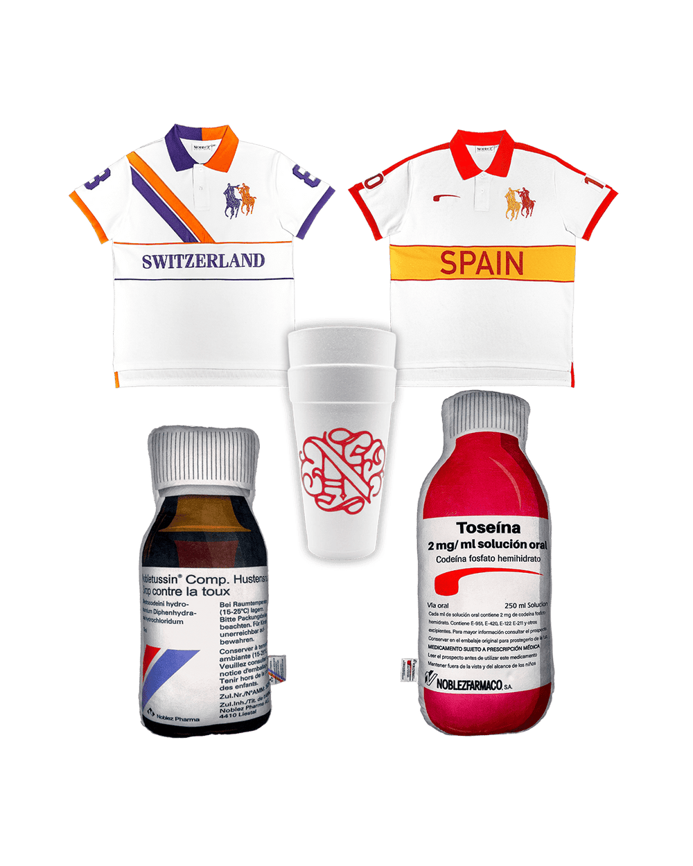 Noblez Co. complete bundle Switzerland Spain polo shirts with Noblezfarmaco Toseina cough syrup Hustenstiller medicine and branded cup