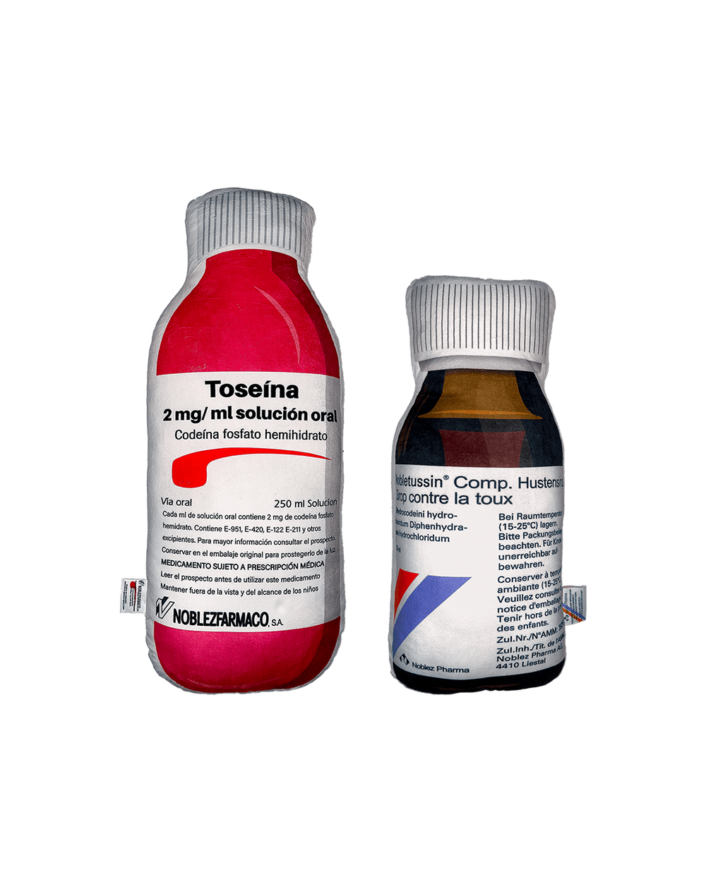 Noblezfarmaco pharmaceutical bottles - Toseina codeine 2mg/ml red cough syrup 250ml and Hustenstiller Comp cough medicine
