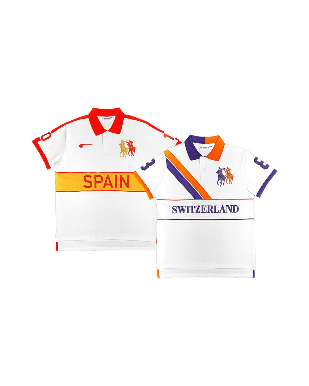 Noblez Co. polo shirts Spain red collar yellow accent and Switzerland orange purple diagonal stripe with horse logo embroidery