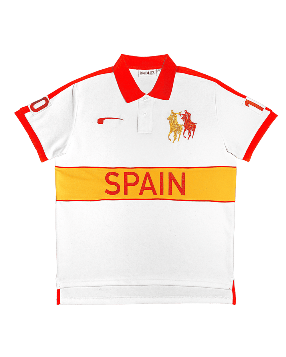Noblez Co. Spain polo shirt white with red collar yellow accent band SPAIN text Polo Ralph Lauren horse logo front view