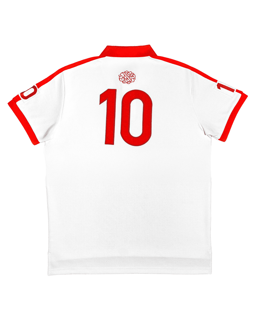 Noblez Co. Spain polo shirt back view white red shoulders number 10 red monogram logo flat lay product photography