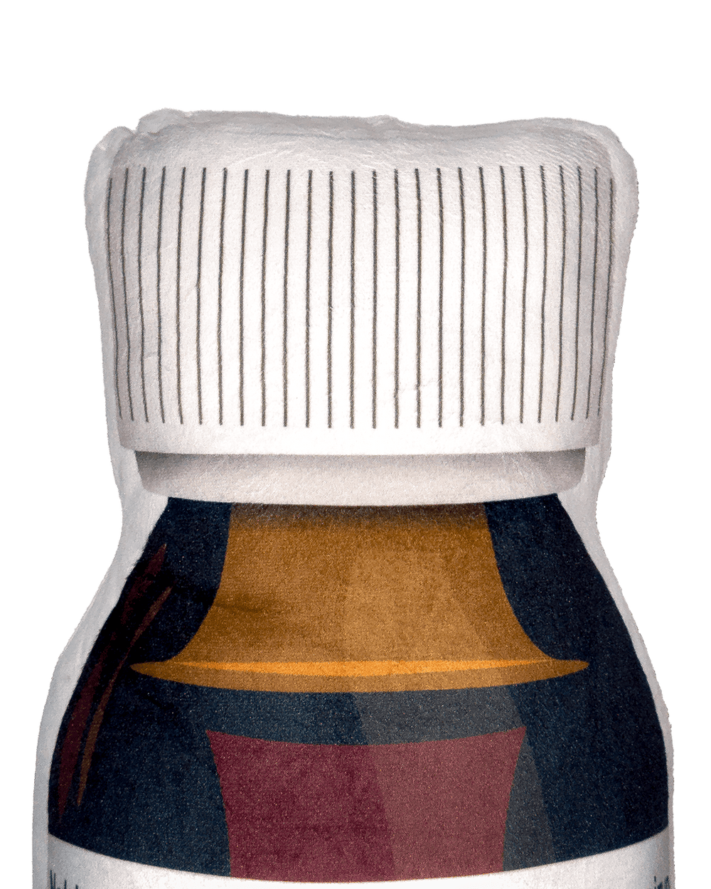 Noblez Co. tussin medicine bottle pillow white cap brown liquid detail novelty cushion pharmaceutical merchandise product closeup