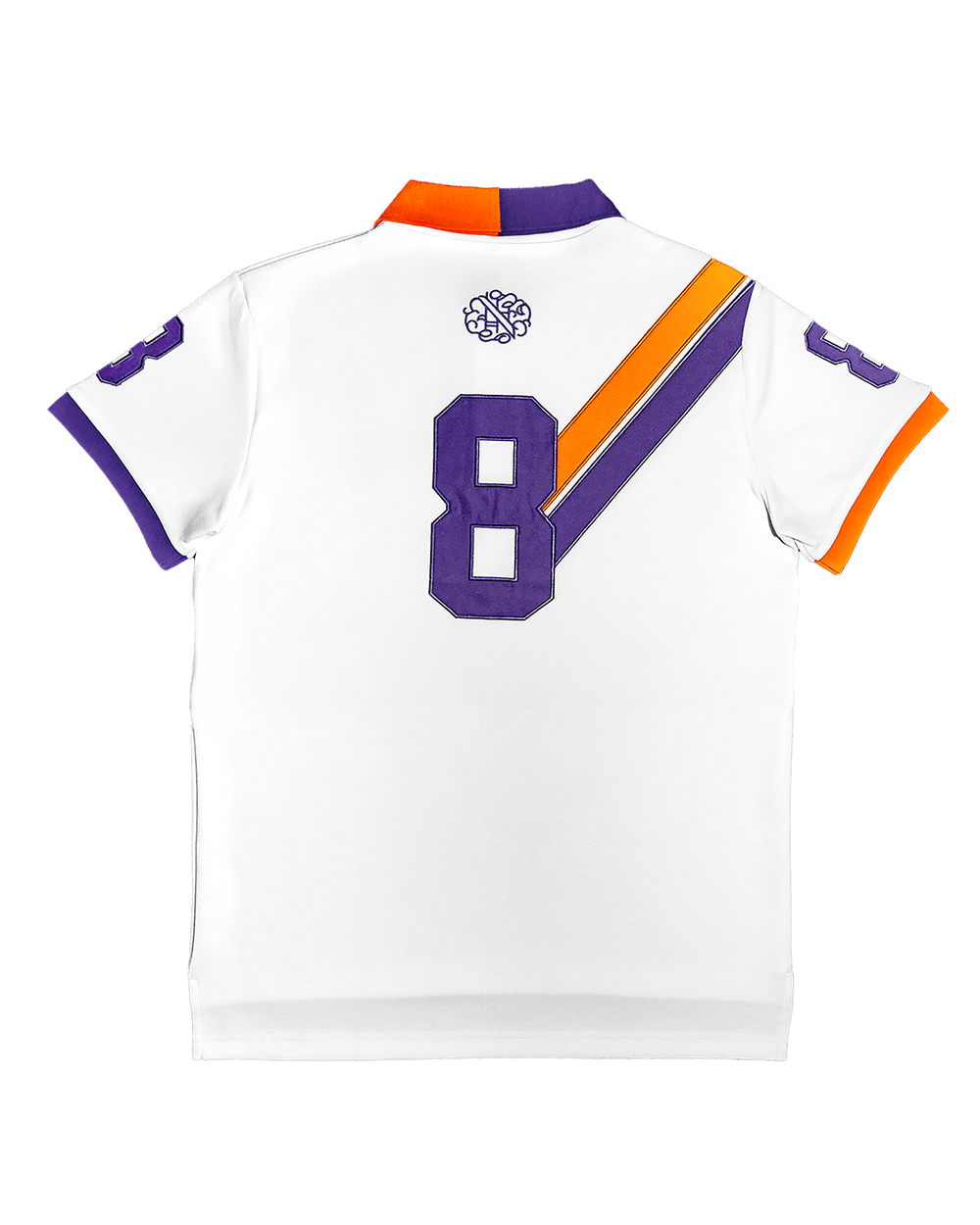 Noblez Co. Switzerland polo shirt back view white purple number 8 orange purple diagonal stripe monogram logo flat lay