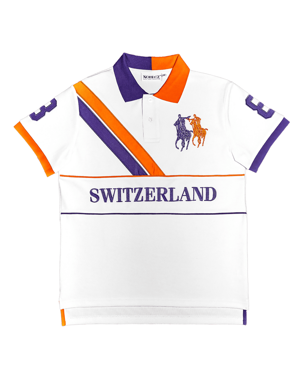 Noblez Co. Switzerland polo shirt white front flat lay purple orange diagonal stripes SWITZERLAND text horse logo product photography