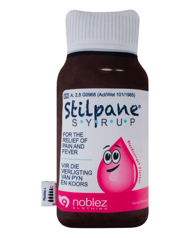 Stilpane Pillow front view - plush medicine bottle cushion with Stilpane Syrup label