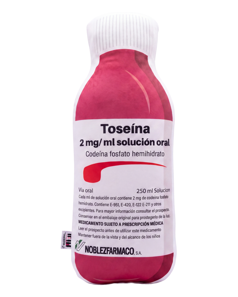 Toseina Pillow front view - plush medicine bottle cushion with Spanish label, pink and white, NOBLEZFARMACO