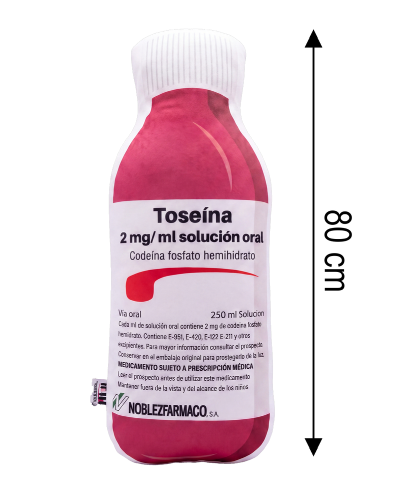 Toseina Pillow size reference - plush medicine bottle cushion is 80 cm tall, shown with measuring arrow