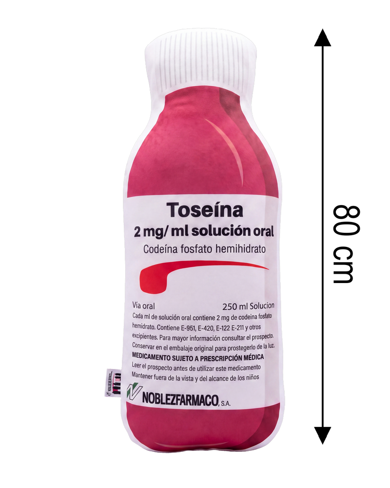 Toseina Pillow size reference - plush medicine bottle cushion is 80 cm tall, shown with measuring arrow